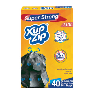 XupZip Drawstring Bin Bags - Large Bags 113L - 2 Rolls x 20 Heavy Duty Bags - Flex Power Trash Bags - Leakproof Garbage Bags - Easy Open Bin Bag - Made of Recycled Materials - Fits Standard UK Bins