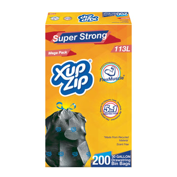 XupZip Drawstring Bin Bags - Large Bags 113L - 10 Rolls x 20 Heavy Duty Bags - Flex Power Trash Bags - Leakproof Garbage Bags - Easy Open Bin Bag - Made of Recycled Materials - Fits Standard UK Bins