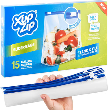 Premium Food Storage Freezer Bags By XupZip® - Stand Up Smart Zip Slider, Reusable, Heavy-Duty Plastic - Airtight And Leakproof Smart Zip Seal - BPA Free… (One Gallon / 4.55L – 15 Bags)