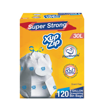 XupZip Drawstring Bin Bags 30L - 6 Rolls x 20 Heavy Duty Bags - Strong Flex Power Trash Bags - Leakproof Garbage Bags - Easy Open Plastic Bags for Kitchen, Office, Garden, Home Moving, Clothes Storage