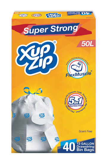 XupZip Drawstring Bin Bags 30L - 10 Rolls x 20 Heavy Duty Bags - Strong Flex Power Trash Bags - Leakproof Garbage Bags - Easy Open Plastic Bags for Kitchen, Office, Garden, Home Moving, Clothes Storage