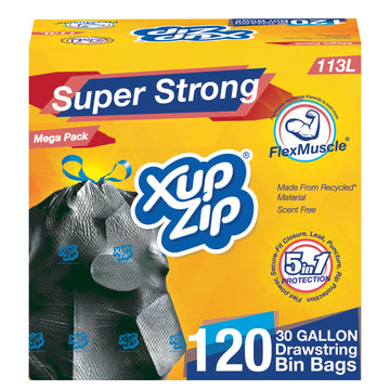 6 Rolls x 20 Heavy Duty Bags - XupZip Drawstring Bin Bags - Large Bags 113L - Flex Power Trash Bags - Leakproof Garbage Bags - Easy Open Bin Bag - Made of Recycled Materials - Fits Standard UK Bins