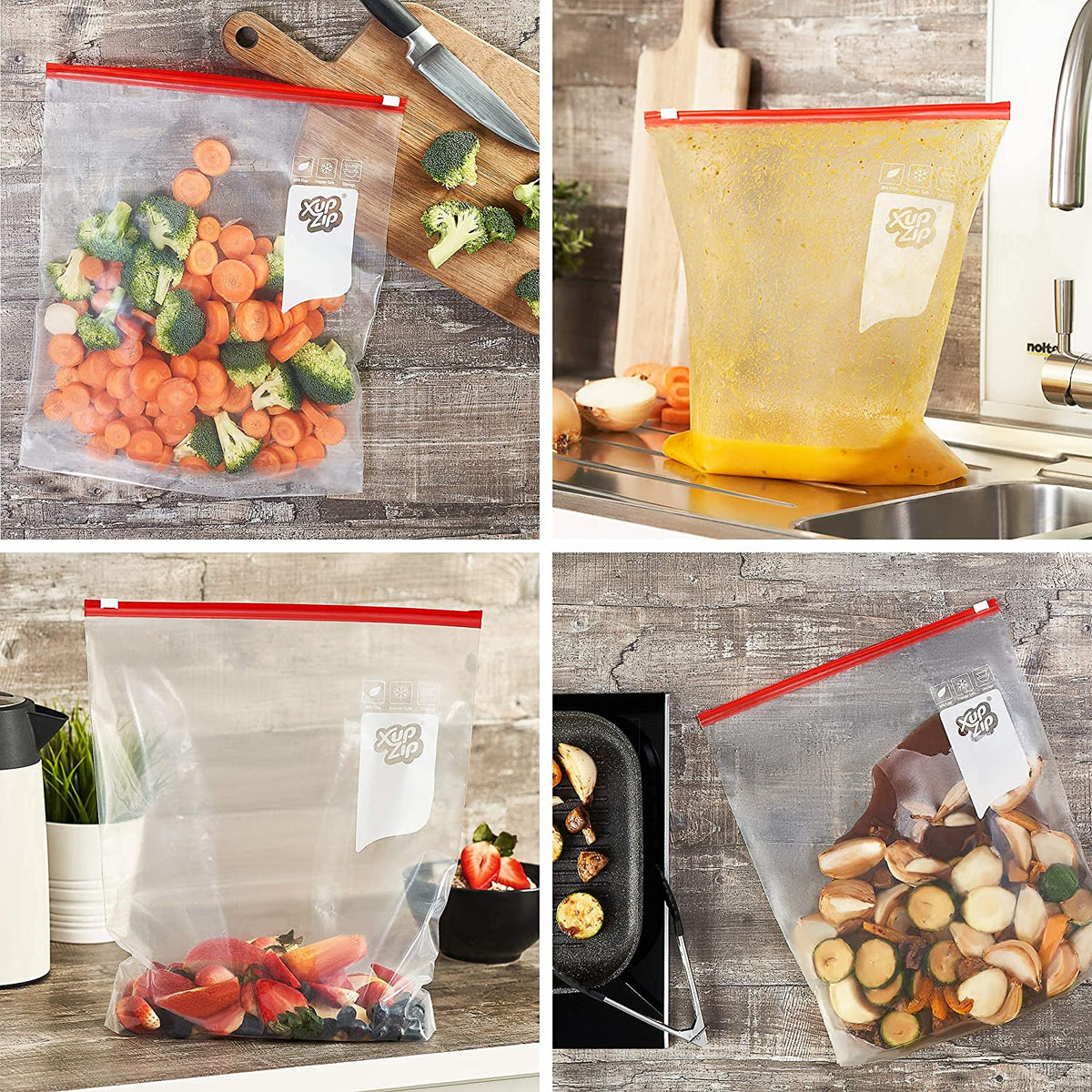 Four scenes showing red-slider XupZip bags holding vegetables, soup, berries and dried ingredients.