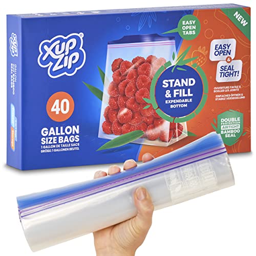 40 x Premium Food Storage Freezer Bags by XupZip® - Large UK Gallon Size 4.55L, Reusable, Heavy-Duty Plastic - Airtight and Leakproof Bamboo Seal - BPA Free…