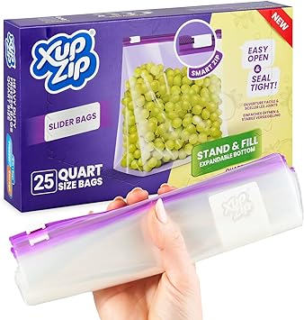 Premium Food Storage Freezer Bags by XupZip® - Stand Up Smart Zip Slider, Reusable, Heavy-Duty Plastic - Airtight and Leakproof Smart Zip Seal - BPA Free… (Quart - 1L)