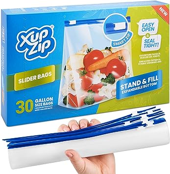 Food Storage Freezer Bags by XupZip® - Heavy Duty Slider Ziplock Bags - Airtight Smart Zip Bags with Expandable Bottom - Stand and Fill BPA Free Food Storage Bags – 30 x Gallon Food Bags (4.55L)