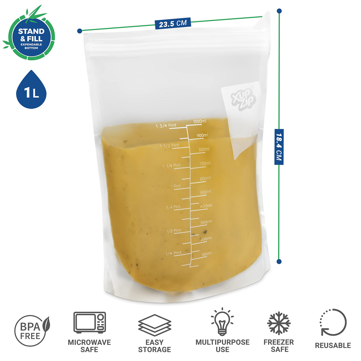 XupZip® Soup Freezer Bags, 1000ml Stand Up Airtight Double Seal