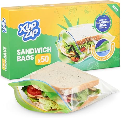 XupZip® Sandwich Bags 19 x 17cm - 50-Pack Ziplock Bags with Airtight Bamboo Seals - Sturdy Plastic Bag for Sandwiches - Easy to Open Zip Lock Bags - BPA-Free Food Storage Bags - Reusable Sandwich Bags