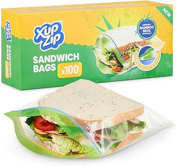 XupZip® Sandwich Bags 19 x 17cm - 100-Pack Ziplock Bags with Airtight Bamboo Seals - Sturdy Plastic Bag for Sandwiches - Easy to Open Zip Lock Bags - BPA-Free Food Storage Bags - Reusable Sandwich Bags