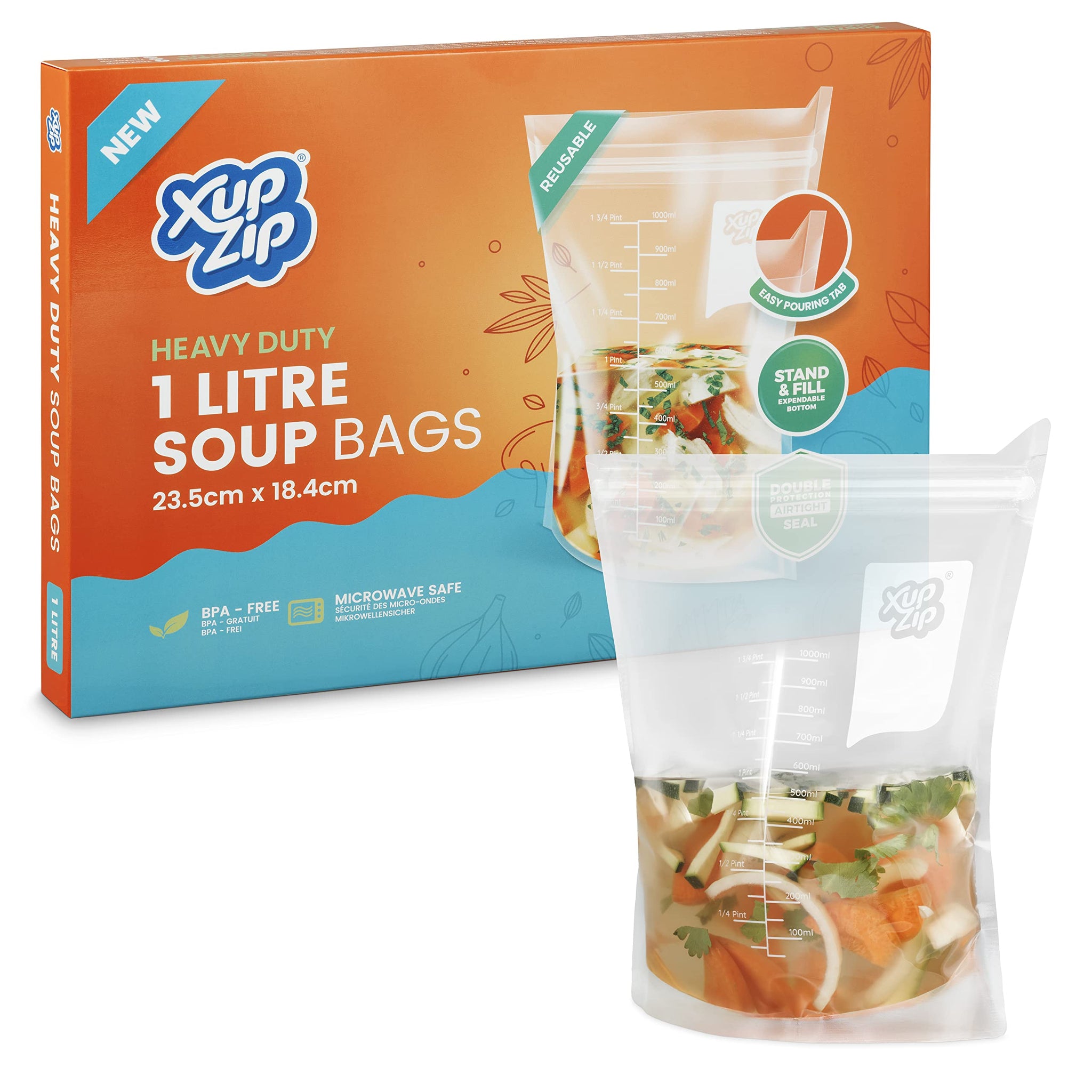 20 x XupZip® 1000ml Soup Bags - Clear Soup Bag 23.5 x 18.4cm - Heavy-Duty Freezer Bags - Airtight Double Seal, Easy Pouring Tab - Standing Food Storage Bags - Reusable Freezer Bags for Soup Storage