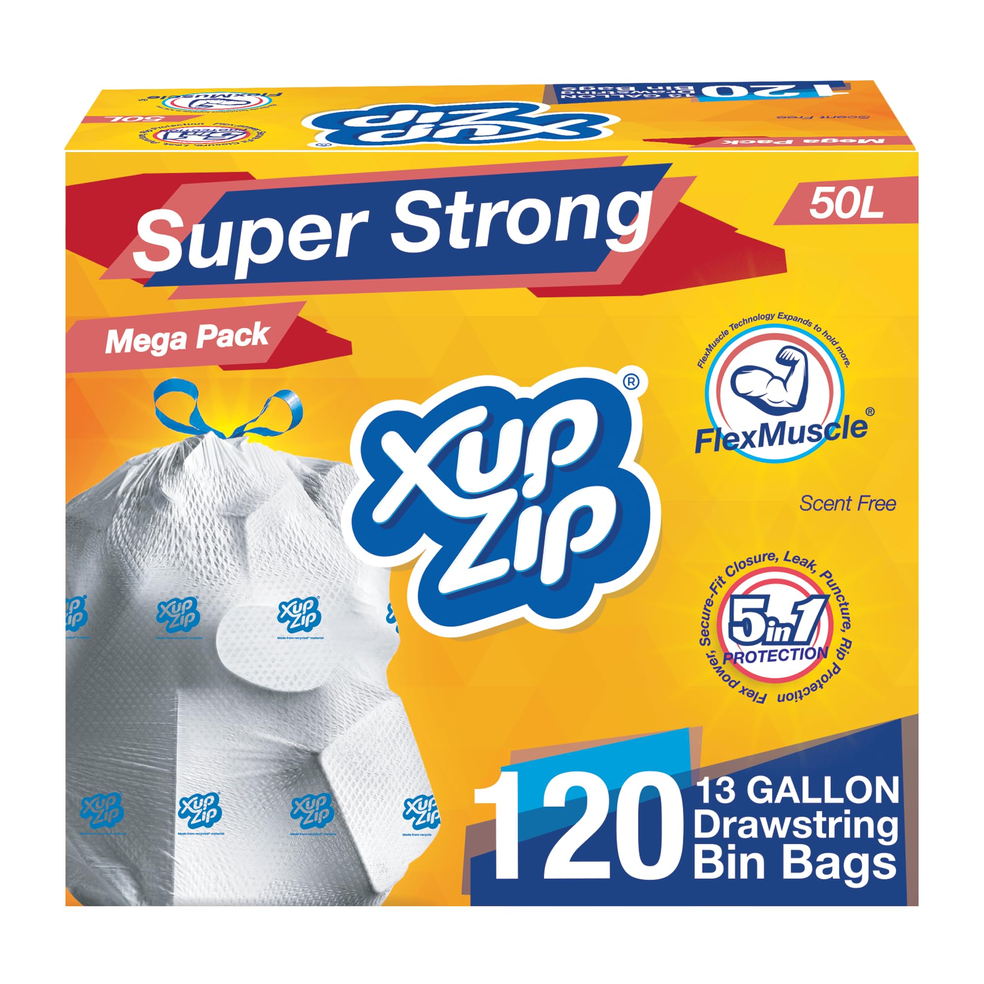 XupZip Drawstring Bin Bags 50L - 6 Rolls x 20 Heavy Duty Bags - Sturdy Flex Power Trash Bags - Leak-proof Garbage Bags - Easy To Open - Large Bags for Kitchen, Garden, Home Moving, Clothes Storage