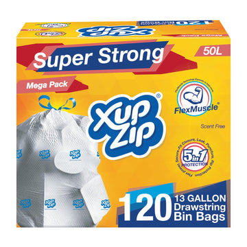 XupZip Drawstring Bin Bags 50L - 6 Rolls x 20 Heavy Duty Bags - Sturdy Flex Power Trash Bags - Leak-proof Garbage Bags - Easy To Open - Large Bags for Kitchen, Garden, Home Moving, Clothes Storage