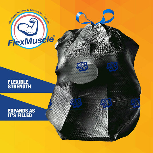 XupZip Drawstring Bin Bags - Large Bags 113L - 10 Rolls x 20 Heavy Duty Bags - Flex Power Trash Bags - Leakproof Garbage Bags - Easy Open Bin Bag - Made of Recycled Materials - Fits Standard UK Bins