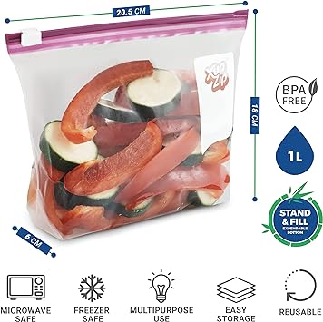 Premium Food Storage Freezer Bags by XupZip® - Stand Up Smart Zip Slider, Reusable, Heavy-Duty Plastic - Airtight and Leakproof Smart Zip Seal - BPA Free… (Quart - 1L)