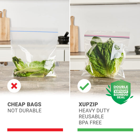 100 x XupZip® Freezer Bags – Half Gallon Size (2.27L) Large Bamboo Seal Food Bags – Heavy-Duty Quart Plastic Freezable, Sealable & Easy To Open Food Bags - Hefty, Reusable, BPA-Free Sandwich Bags