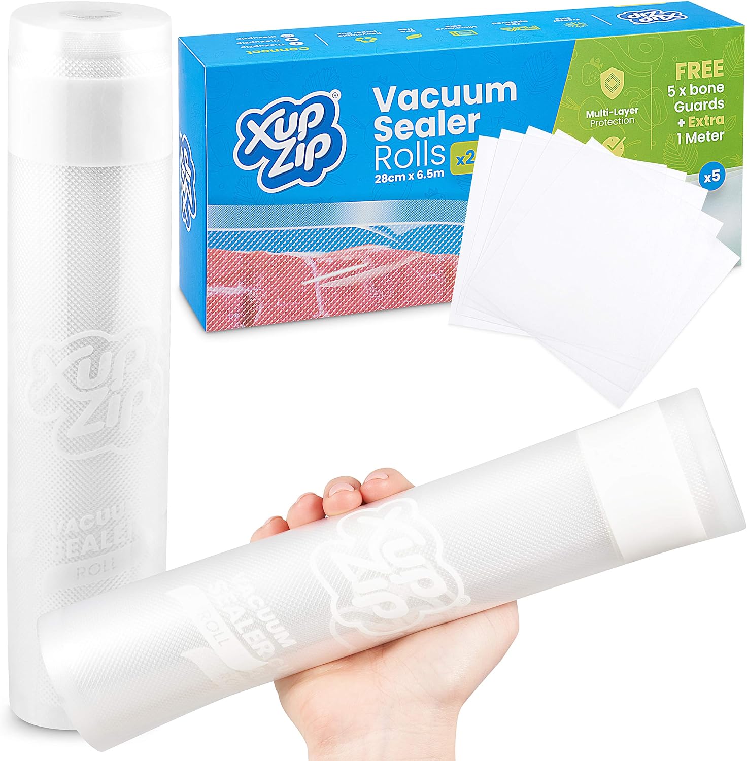 2 x Heavy Duty Vacuum Sealer Rolls for Food - 28cm x 6.5m - XupZip® Vacuum Sealer Bags - 5 Bone Guards, Write On Panel With Extra Meter - BPA-Free Heat Seal Bags for Slow Cooker - Thick Sous Vide Bags