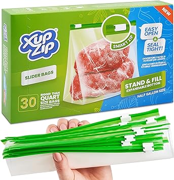 Food Storage Freezer Bags by XupZip® - Heavy Duty Slider Ziplock Bags - Airtight Smart Zip Bags with Expandable Bottom - Stand and Fill BPA Free Food Storage Bags - 30 x Half Gallon Food Bags (2.27L)