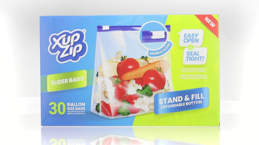 XupZip Gallon Slider bags: blue slider, expandable base and everyday food storage