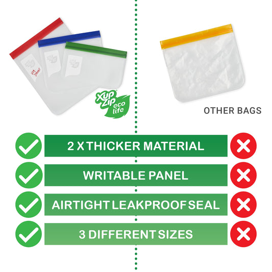 10 x Reusable Ziplock Bags by XupZip® Eco Life 2 Large Reusable Storage Bags, 4 Medium Reusable Freezer Bags, 2 Small Reusable Sandwich Bags Eco-Friendly PEVA Zip Lock Snack, Food Storage Bags