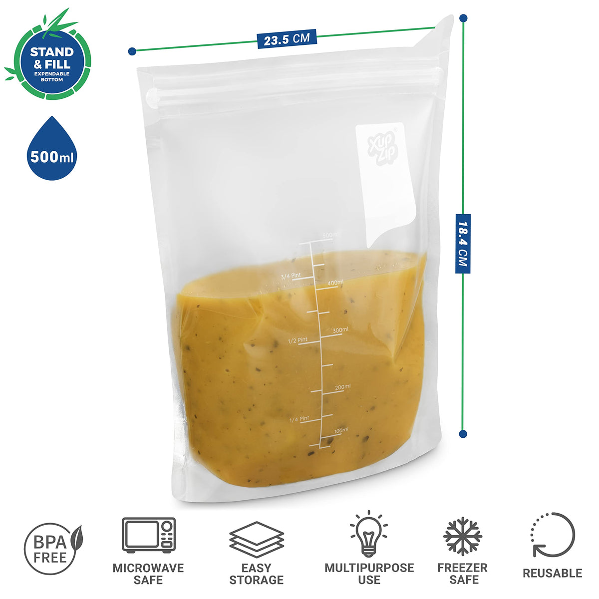 XupZip® Soup Freezer Bags, 500ml Stand Up Airtight Double Seal