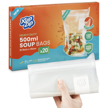 20 x XupZip 500ml Soup Bags - Clear Soup Bag 20 x 17.4cm - Heavy-Duty Freezer Bags - Airtight Double Seal, Easy Pouring Tab - Standing Food Storage Bags - Reusable Freezer Bags for Soup Storage