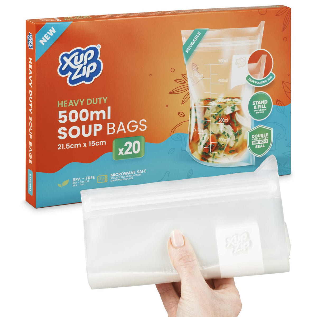 XupZip® Soup Freezer Bags, 500ml Stand Up Airtight Double Seal
