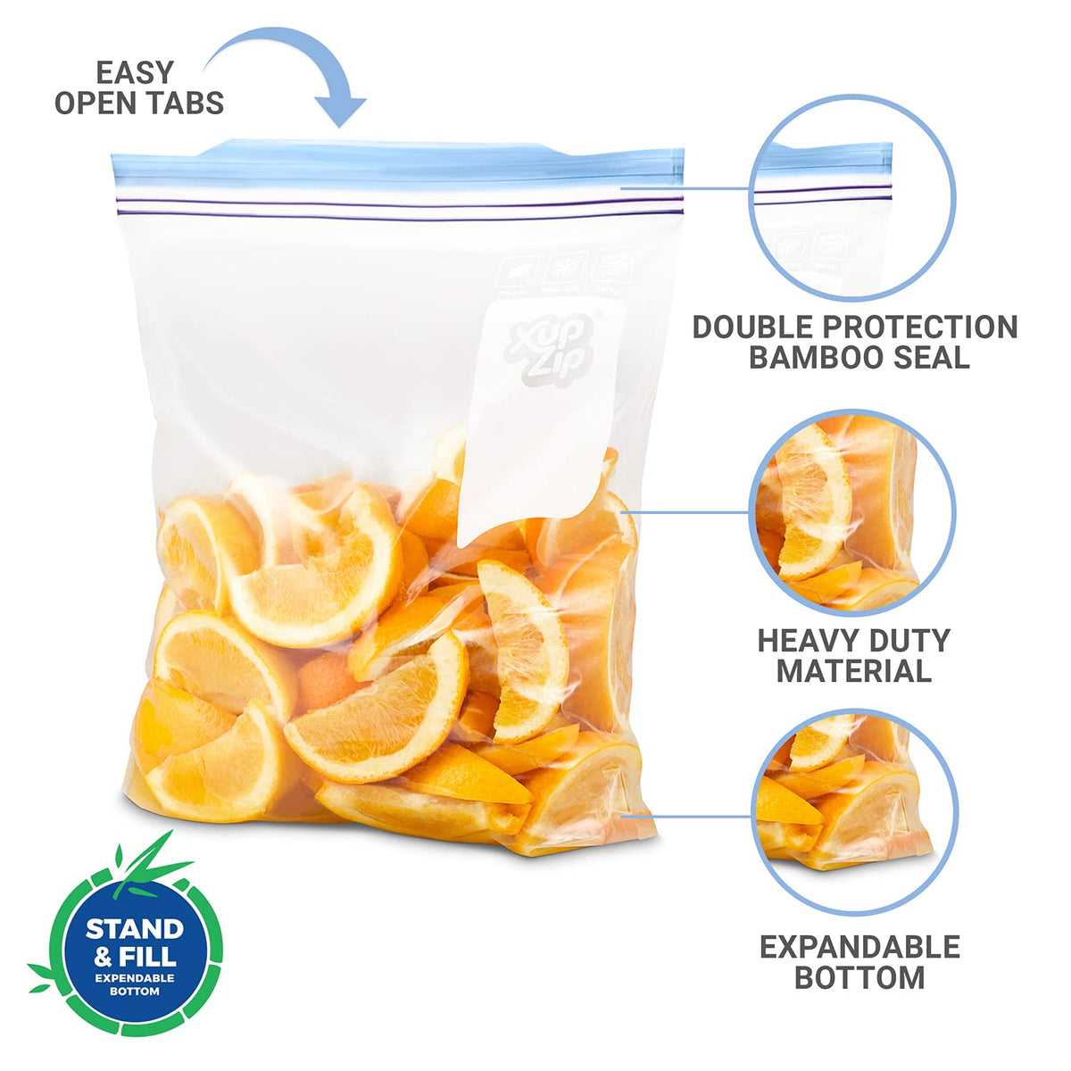 XupZip® Large Zip Lock Freezer Bags, 4.55L Expandable Base