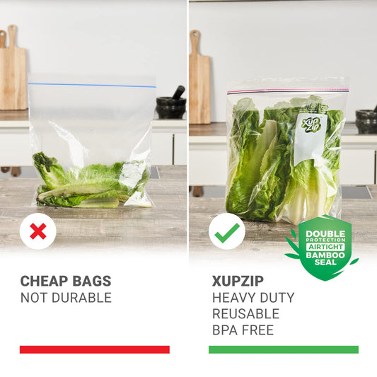 Keep Food Fresh for Longer with our Airtight and Leakproof Reusable Zip Lock Freezer Bags! Say Goodbye to Waste and Hello to Sustainability with our Bamboo Seal. Safeguard Your Meals - Order Now!