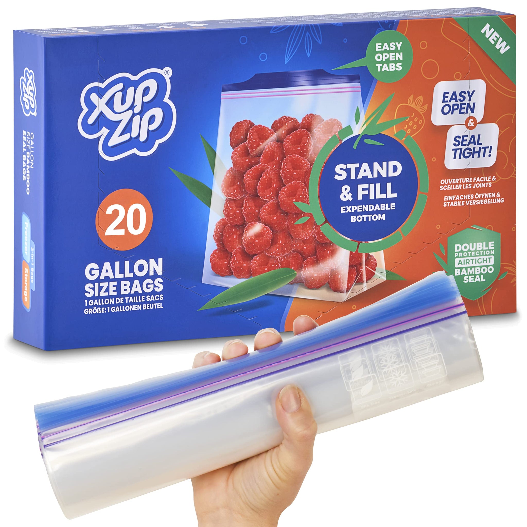 20 x Premium Food Storage Freezer Bags by XupZip® - Large UK Gallon Size 4.55L, Reusable, Heavy-Duty Plastic - Airtight and Leakproof Bamboo Seal - BPA Free…