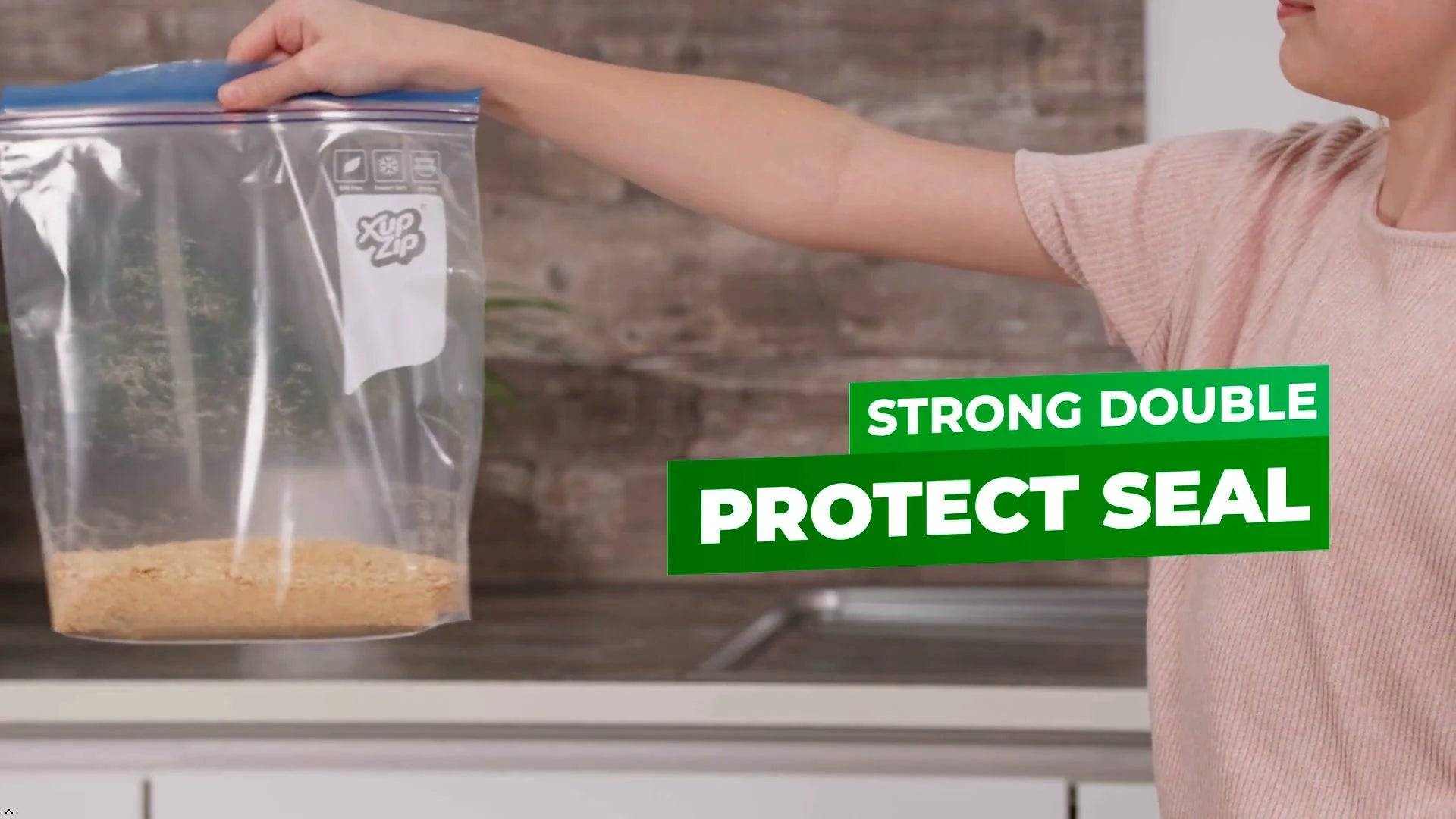Sealed XupZip bag shown in the same demonstration